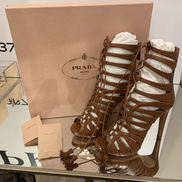 Prada (authentic) Strappy Lace Up Heels - Picture 1 of 7